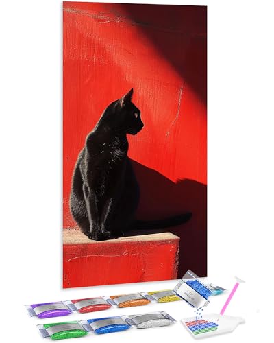 Kit de punto de cruz diamante 5D de gato negro con fondo rojo, 70x40 cm