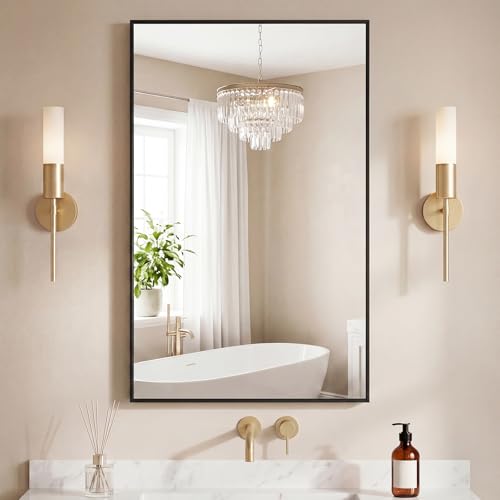 Image of NEWBULIG 24x40 Wall Mirror, Bathroom Mirrors for Over Sink, Black|Matte Metal Framed Vanity Mirror with Tempered Glass, Entryway, Living Room, Bathroom