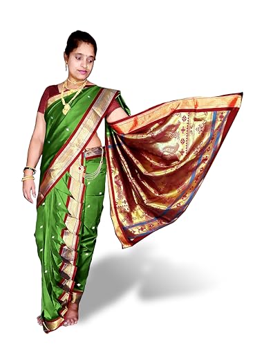 Womens Traditional Nauvari Paithani Saree, 10 wari saree Golden Z...