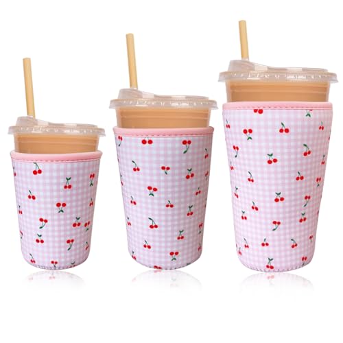 Image of Reusable Insulated Neoprene Iced Coffee Cup Sleeve, Durable Drink Sleeve for Cold Beverages, Beverage Holder for Iced Coffee, Pink Cherry