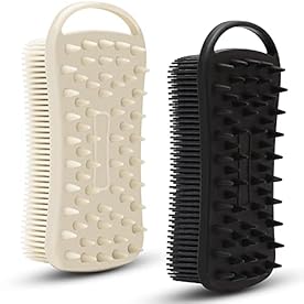 2 PC Silicone Exfoliating Body Scrubber, 2 in 1 Silicone Body Shampoo Brush, Soft Silicone Loofah for Sensitive Skin, Shower Silicone Hair Scalp Massager, Easy to Clean, Lather Well (Grey&Black)