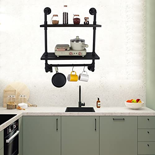 Qtsartisan Industrial Pipe Shelving,Iron Pipe Shelves Industrial Bathroom Shelves With Towel Bar,24 In Rustic Metal Pipe Floating Shelves With Hook (Black, 24 Inch 2 Tier) #TOP4