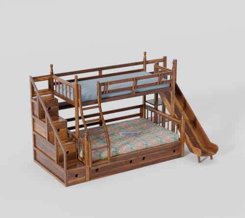 Image of Wudniture Solid Sheesham Wood Bunk Bed with Slide and Storage for Kids and Adults (Teak Finish)