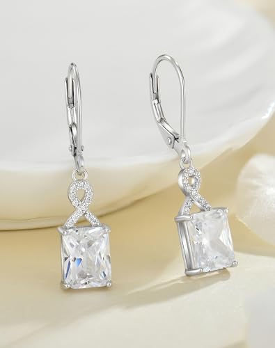 Twisted Cushion Princess Emerald Cut Earrings - 9x7mm Solid Sterling Silver 18K White Gold Plated Birthstone Dangle Earrings for Women Drop Leverback Jewelry2