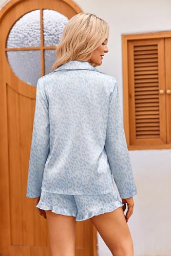 Image of Ekouaer Womens Satin Pajama Sets Long Sleeve Top and Shorts Lounge Set Button Down Sleepwear