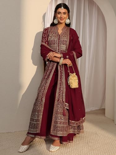 Image of Libas Art Embroidered Georgette Anarkali Kurta With Palazzos and Dupatta | ethnic wear | bridal suit | occasion wear