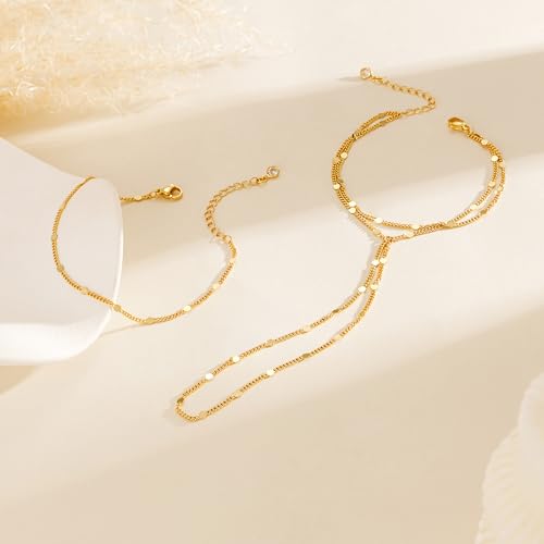 Image of Hand Chain Bracelet for Women Trendy, Dainty Silver Beaded Finger Ring Bracelet Non Tarnish Minimalist Adjustable Simple Cute Silver Bracelets Waterproof Fashion Jewelry
