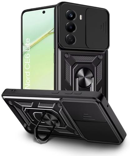 Image of WOW IMAGINE Tough Armor Bumper Mobile Back Case for 1+ OnePlus Nord CE 6 Lite 5G | Sliding Camera Cover | Shock Proof 360 Protection | Hybrid PC + TPU | Ring Holder with Kickstand - Black