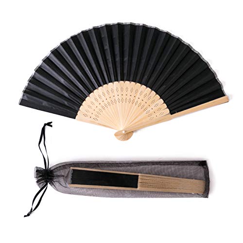 Sepwedd 50Pcs Black Imitated Silk Fabric Bamboo Folded Hand Fan Bridal Dancing Props Church Wedding Party Favors With Organza Bags cover