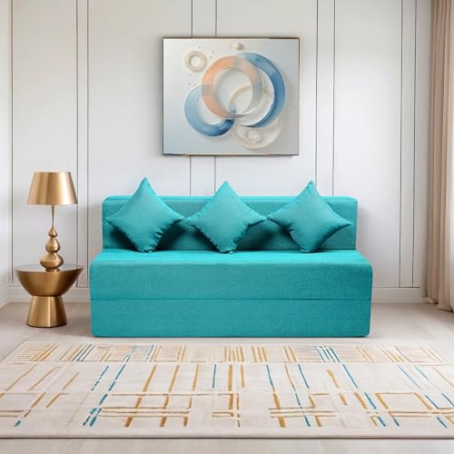Image of Amazon Brand - Solimo 3 Seater 5 * 6 Jute Fabric Washable Cover Sofa Cum Bed with 3 Cushions 3 Seater Double Foam Fold Out Sofa Cum Bed (Finish Color - Sky Blue Delivery Condition - Pre-Assembled)