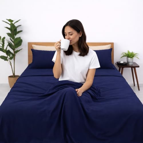 Image of Blue Strip Polycotton Bedsheet, Double 90x100 (Navy Blue) | Hotel Quality | Soft, Breathable & Colourfast | Wrinkle Resistant | Machine Washable | Pillow Covers Included