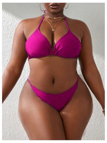 SOLY HUX Women's Plus Size Sexy 4 Piece Swimsuits Halter Bikini Sets with Drawstring Long Sleeve Cover Up Bathing Suit3