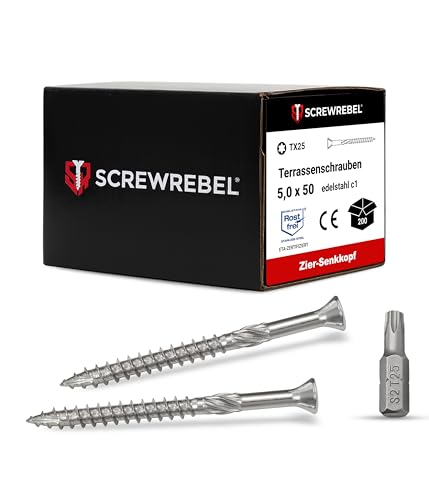 SCREW REBEL Terrassenschraube ST-FIX Edelstahl C1 5,0 x 50mm - 200 Stück inklusive S2-Bit, TX 25, Zier-Senkkopf, Schaftfräser, Sägezahn Gewindeschliff, Cutspitze, Dielenschraube gewachst