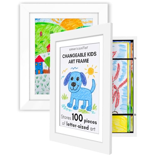Image of Americanflat 8.5x11 Changeable Kids Art Frame 2-Pack - White | Holds 100 art pieces, magnetic front door, built-in keyholes for wall display, stores finished artwork