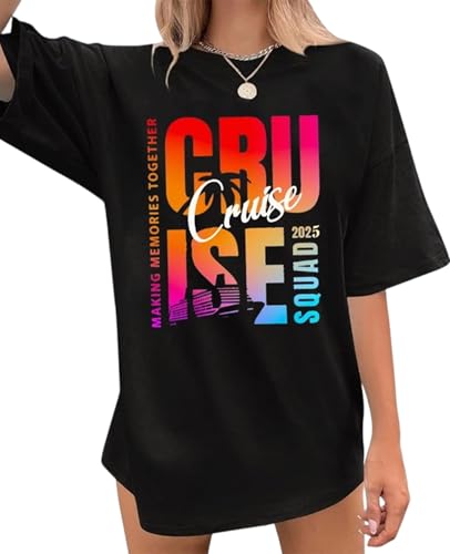 Cruise Shirts for Women Summer Vacation Cruise Squad 2025 Beach T Shirt Oversized Short Sleeve Tee Tops Black