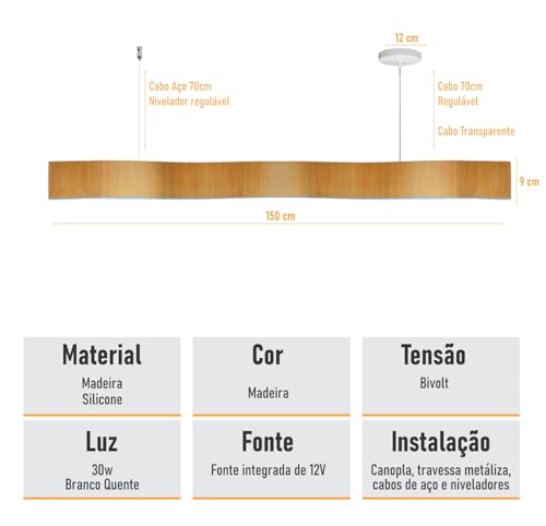 Lustre Madeira Retangular Linear LED Integrado 150cm -SNK 02