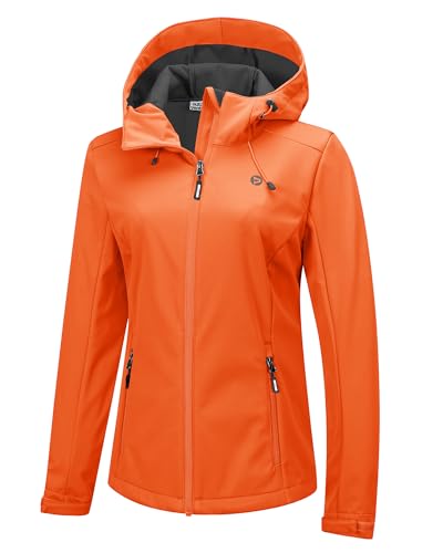 Outdoor Ventures Damen Wasserdichte Softshelljacke Winddichte Übergangsjacke mit Kapuze Leichte Sportjacke Funktionsjacke zum Radfahren, Wandern, Hellorange 46
