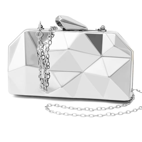 YAPAIOU Women Lattice Pattern Metal Evening Clutch Bag,Geometric Evening Clutch Purse Handbag With Chain Strap For Lady Wedding Party Prom Formal Occasion(Silver Large)