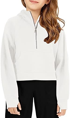 Doshoop Girls Half Ziper Collar Cropped Hoodies Long Sleeve Fleece Zip Up Pullover Sweatshirts White
