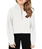 Doshoop Girls Half Ziper Collar Cropped Hoodies Long Sleeve Fleece Zip Up Pullover Sweatshirts White