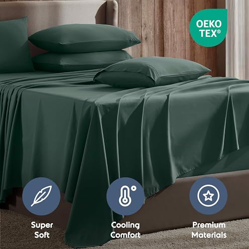 Image of Nestl Extra Deep Cal King Sheet Set - 6 Piece Breathable & Cooling Sheets - Hotel Luxury Bedding Set w /18-24 Inch Deep Pockets - Easy & Secure Fit - Super Soft, Wrinkle Free & Comfy - Forest Green