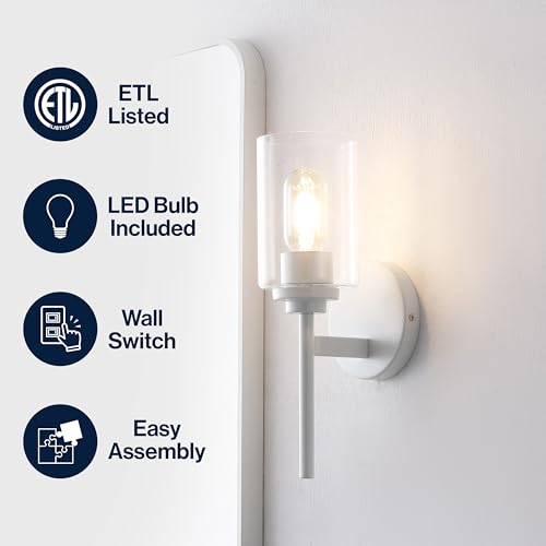 Image of JONATHAN Y 13 inch White Clear 1-Light Metal Cylinder Wall Sconce Farmhouse Industrial Modern Indoor Lighting for Hallway Bathroom with Glass Shade LED Bulb Included JYL9547E