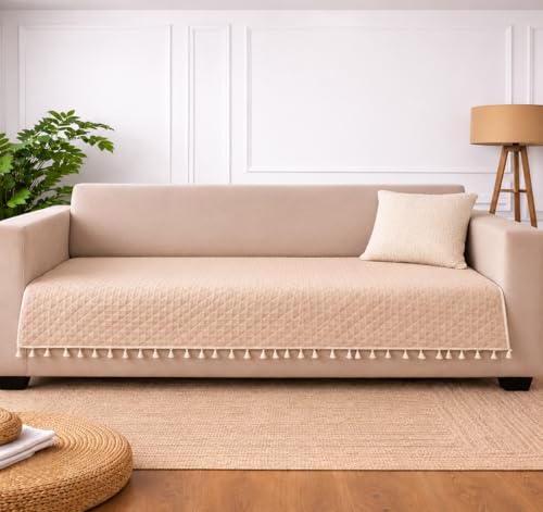Image of DecorTwist Premium Reversible Quilted Velvet Sofa Cover for 2 & 3 Seater | Luxury Sofa Protector with Tassels | Soft, Durable & Pet Friendly | Grey /Beige & Beige (Beige, 2 Seater)