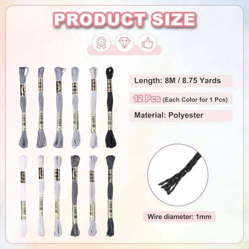 Image of PATIKIL 12 Skeins Embroidery Floss Polyester Embroidery Threads Bracelets String for Cross-Stitch Hand Embroidery, Gray