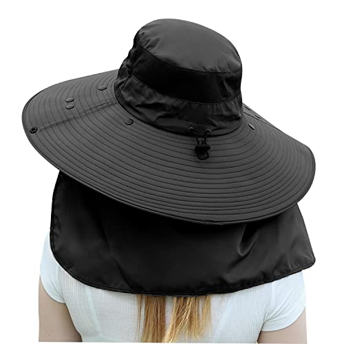 Image of Women Wide Brim Face Mask Sun Hat Detachable Neck Face Flap Ponytail UV Protection Visor Hat Garden Fishing Hiking
