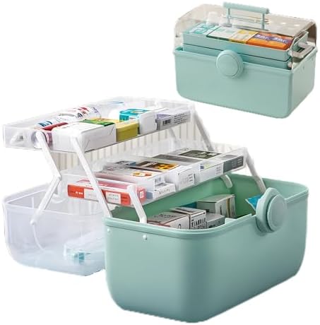 Porta Medicine Scatola a 3 Strati con una Piccola Scatola,Organizer Medicinali da Armadio,Scatola Medicinali,Assetta Pieghevole in Plastica, Scatola Cucito (34×19×23cm, blu