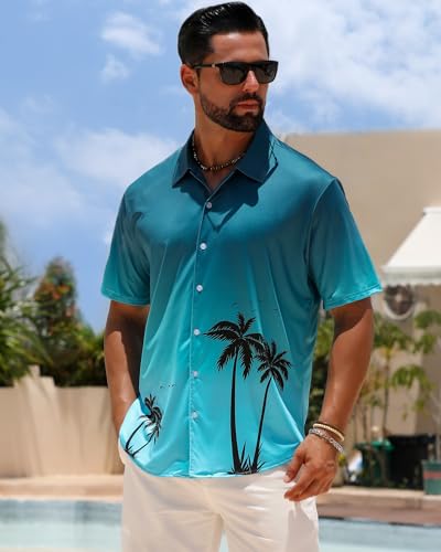 zeetoo Men's Hawaiian Shirts Short Sleeve Wrinkle Free Button Down Tropical Floral Holiday Beach Shirt Gradient Teal Palm XL - Image 2