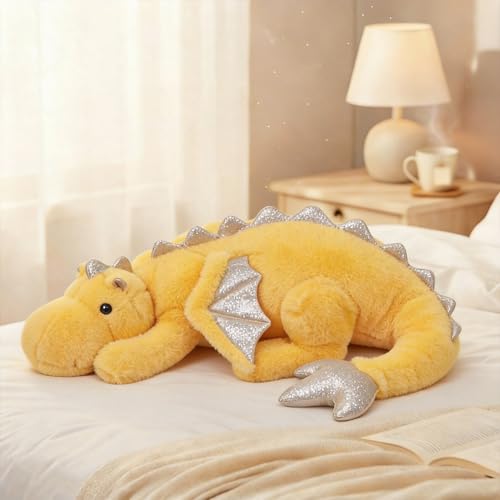 ARELUX Large 37in Cute Dragon Stuffed Animals Plush Toy Soft Yellow Pterosaur Plushie Giant Fuzzy Dinosaur Pillow Plushies with Wings Cuddly for Friends Family Member