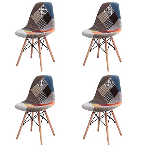 GroBKau - Juego de 4 sillas de comedor modernas de mediados de siglo, tapizadas con tela de patchwork, con base de madera de búho; ideal para sala de estar, comedor, cafetería, sala de espera, etc.