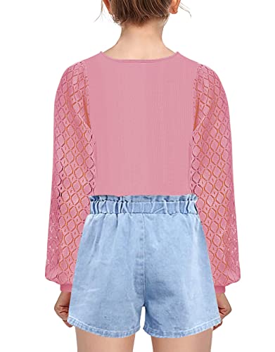 Image of Geckatte Girls Long Sleeve Shirts Square Neck Ribbed Blouse Lace Tops | Casual, Solid, Kids Cute Lace Puff Sleeve Tees, Lantern Long Sleeve, Ribbed Knit T Shirts, 5-14 Years