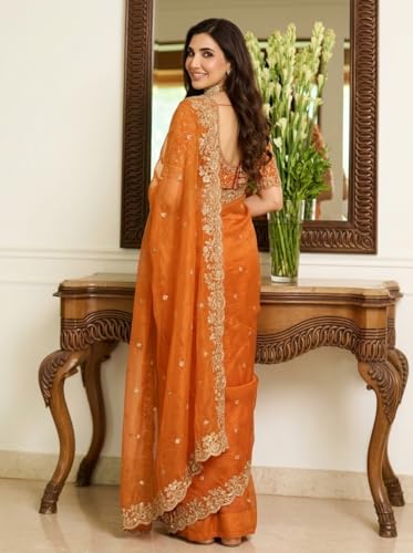 Image of ORHANS Women's Organza Silk Saree with Unstitched Blouse Piece Heavy Embroidery Work and Floral Pattern | Womens Sarees for Weddings | Party and Festivals Sari for Woman | Silk Saree
