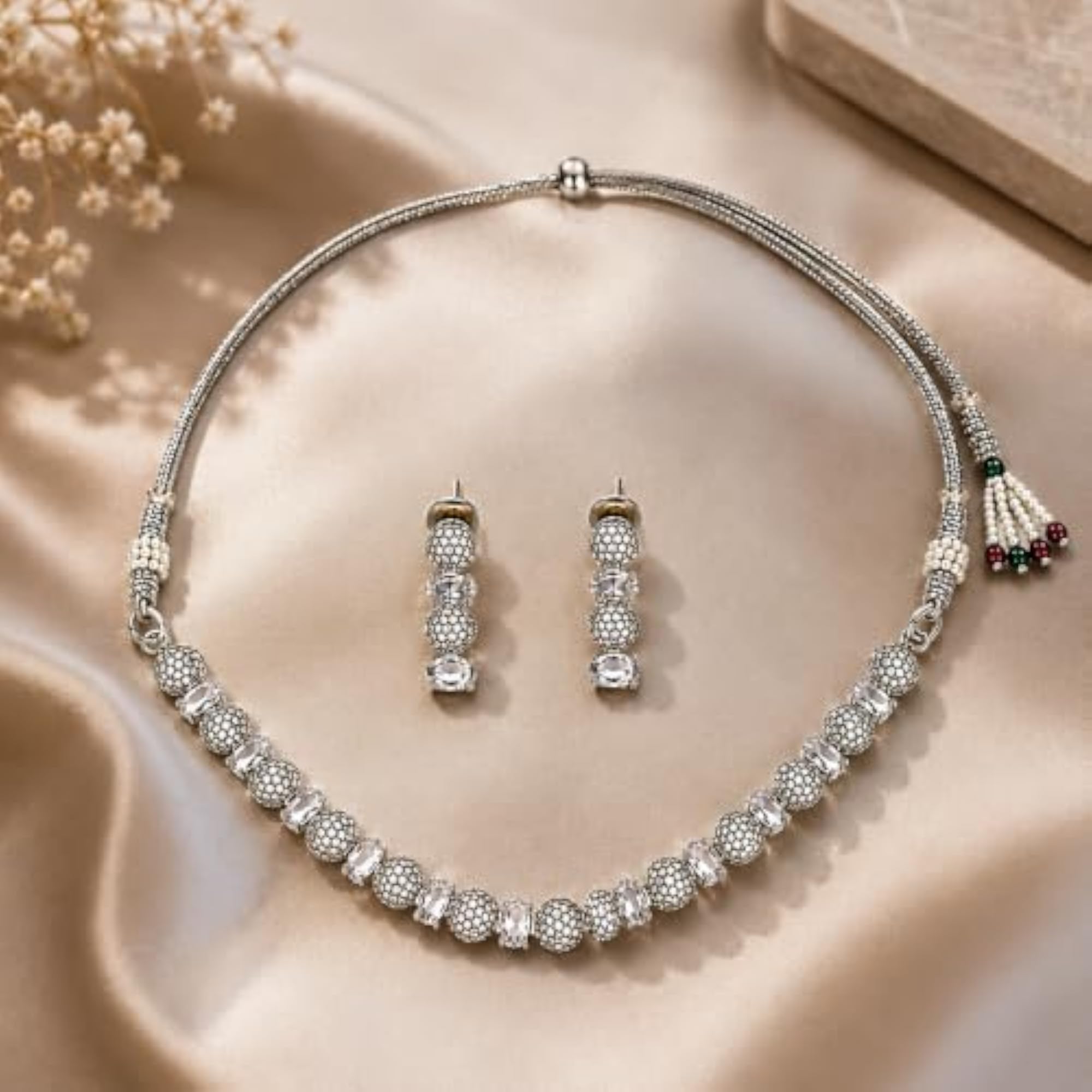 Artificial Silver Tone Designer Necklace Set with Matching Earrings