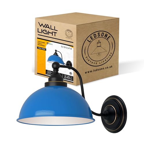 Image of LEDSone Vintage Industrial Wall Sconce with Blue Metal Shade, 19cm Height and 21cm Width – Retro Indoor Wall Light Fixture for Bedroom, Living Room – Compatible with E27 Bulbs (Blue)