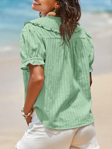 Image of Tankaneo Womens Puff Sleeve Shirts Peter Pan Collar Button Down Cotton Blouse Casual Summer Textured Tops