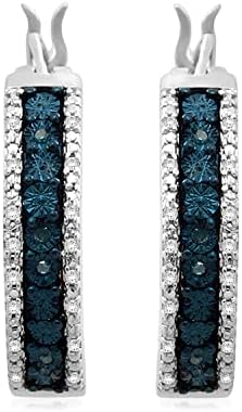 Jewelili Sterling Silver 1/10 Cttw Treated Blue and Natural White Round Diamonds Miracle Plate Hoop Earrings