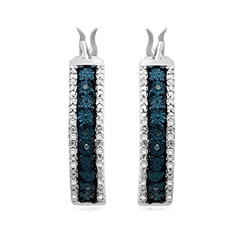 Jewelili Sterling Silver Miracle Plate Hoop Earrings with Treated Blue and Natural White Round Diamonds, 1/10 cttw