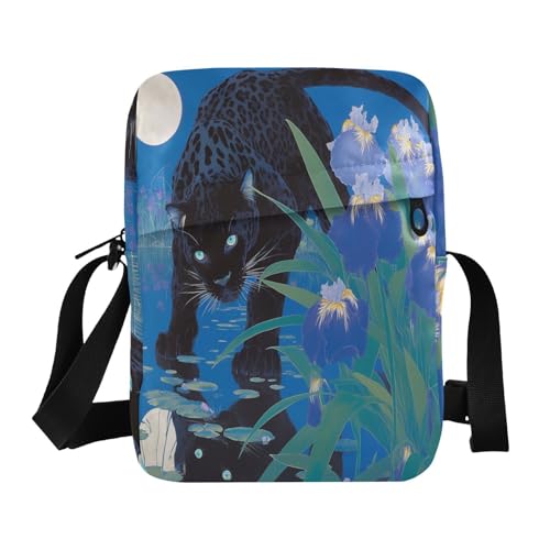 Chic Black Leopard with Blue Irises crossbody messenger bag shoulder bag crossbody Handbag For Travel Adjustable Strap for Outdoor Daily Outdoor Daily