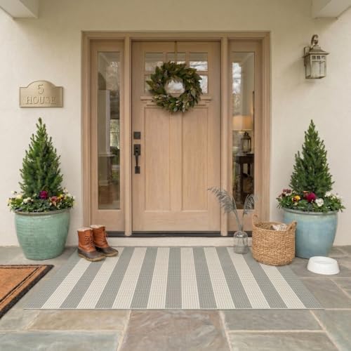 LEEVAN Outdoor Patio Rug 3x5, Washable Striped Front Porch Mat, Spring Colorful Outside Entryway Rug, Woven Welcome Doormat Grey and White Buffalo Backyard Layered Mat for Entrance/Go Away/Deck