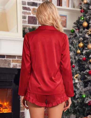Image of Ekouaer Womens Satin Pajama Sets Cute Button Down Silk Pjs with Ruffle