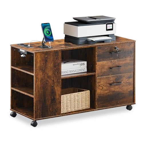 CLIPOP Rollcontainer,abschließbar,mobiler Aktenschrank mit 5 Rollen,3 Schubladen,Schubladenschrank Büroschrank Bürocontainer mit Steckdose,für Büro Zuhause,Braun