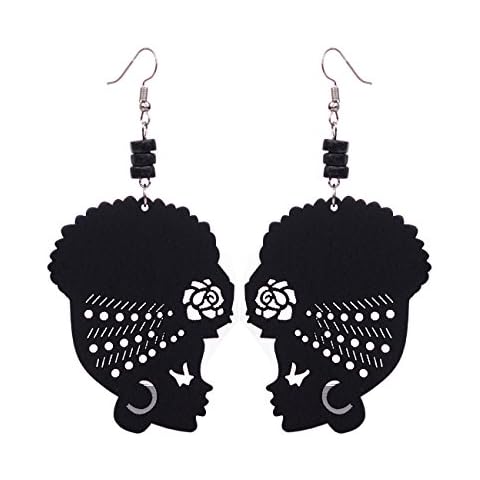 Wooden Flower Turban African Woman Head and Bead Dangle Hook Earrings, Wood Cover