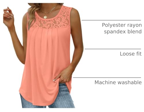 Image of Saloogoe Summer Tank Tops for Women Loose Fit Pleated Tunics Scoop Neck Sleeveless Lace Tops Curved Hem Flowy