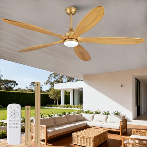 Image of OKDNEG 72 Inch Ceiling Fans with Lights and Remote, Gold 5 Blade Outdoor Ceiling Fans,3CCT Dimmable,Timer,Quiet DC Motor,6 Speed,Indoor Outdoor Ceiling Fan for Offices Farmhouse Gazebo Patio