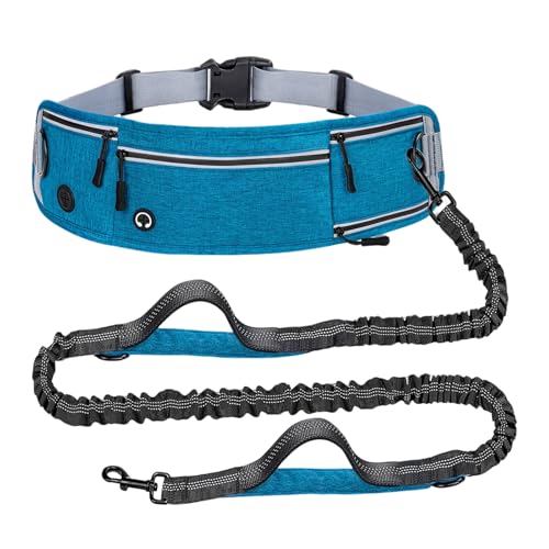 Tressify Anti-Shock Hands Free Dog Leash with Bungee, Multifunctional Waist Bag, Reflective, Adjustable for Jogging, Walking, Hiking, in Blue