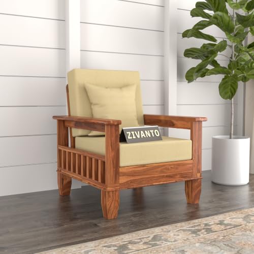 Image of Solid Sheesham Wood 1 Seater Sofa for Living Room | Premium Wooden Armchair with Side Magazine Rack | Cushioned Fabric Seat | Modern Single Sofa Chair for Home & Office