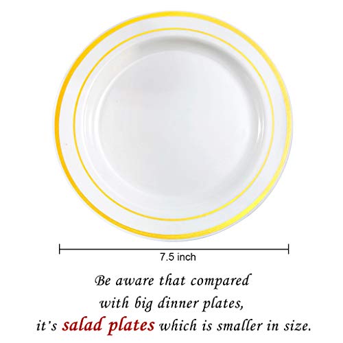 image for BUCLA 100Pieces Gold Rim Plastic Plates-7.5inch Gold Disposable Salad/
